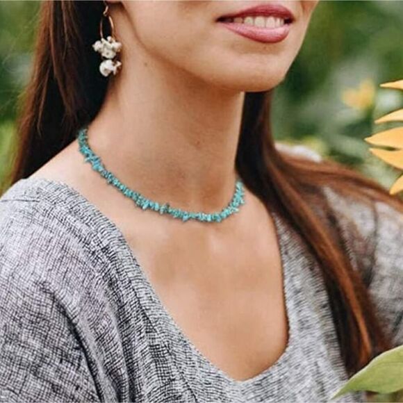 Retro Geometric Turquoise Collar Necklace Blue Stone Choker - Picture 4 of 8